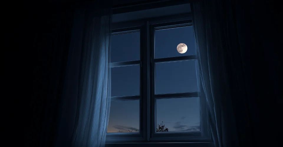 Sommeil réparateur — chambre paisible, nuit étoilée